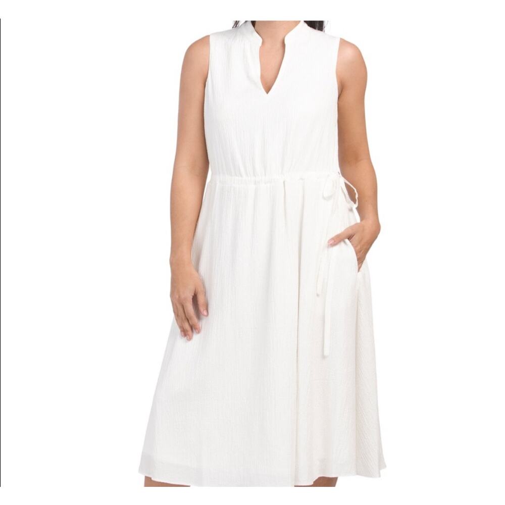 Anne Klein White Dress Lined Midi Cotton Gauze Sleeveless Pockets Size 6